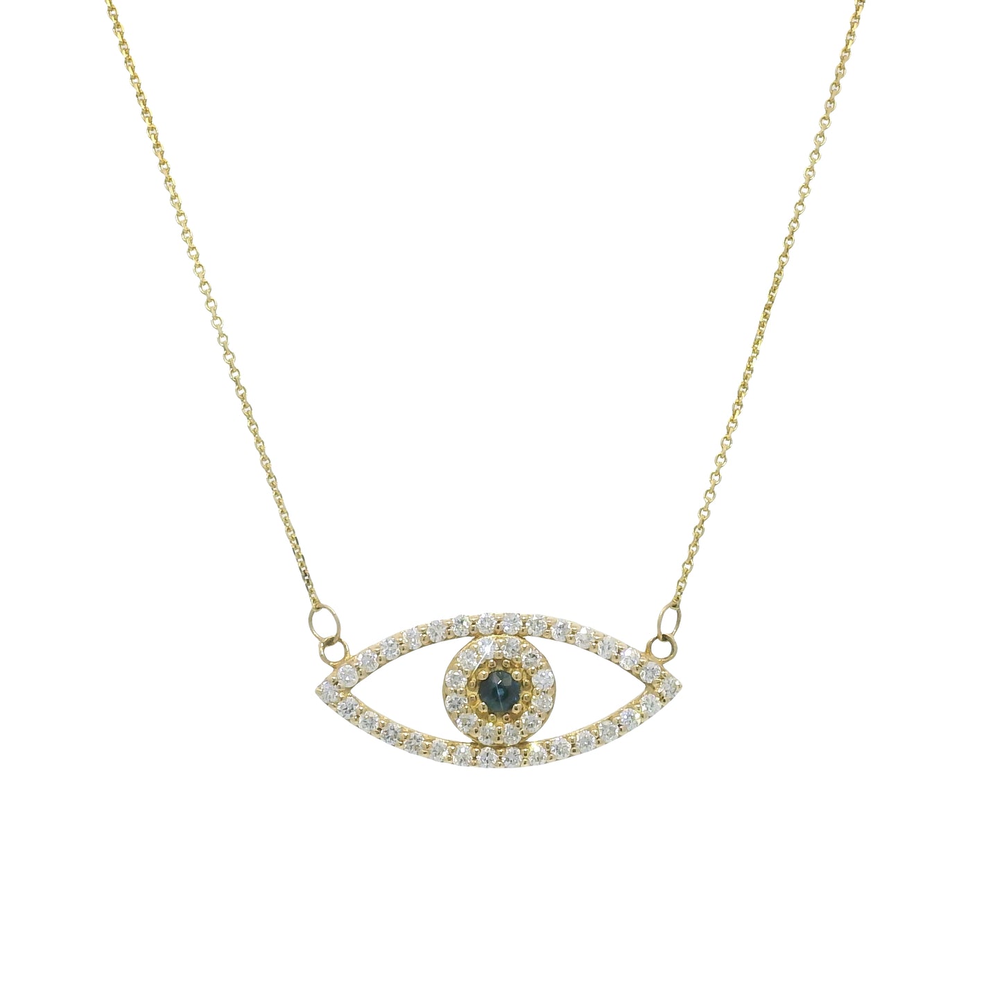 14k Yellow Gold Natural Diamond & Sapphire Evil Eye Pendant Necklace