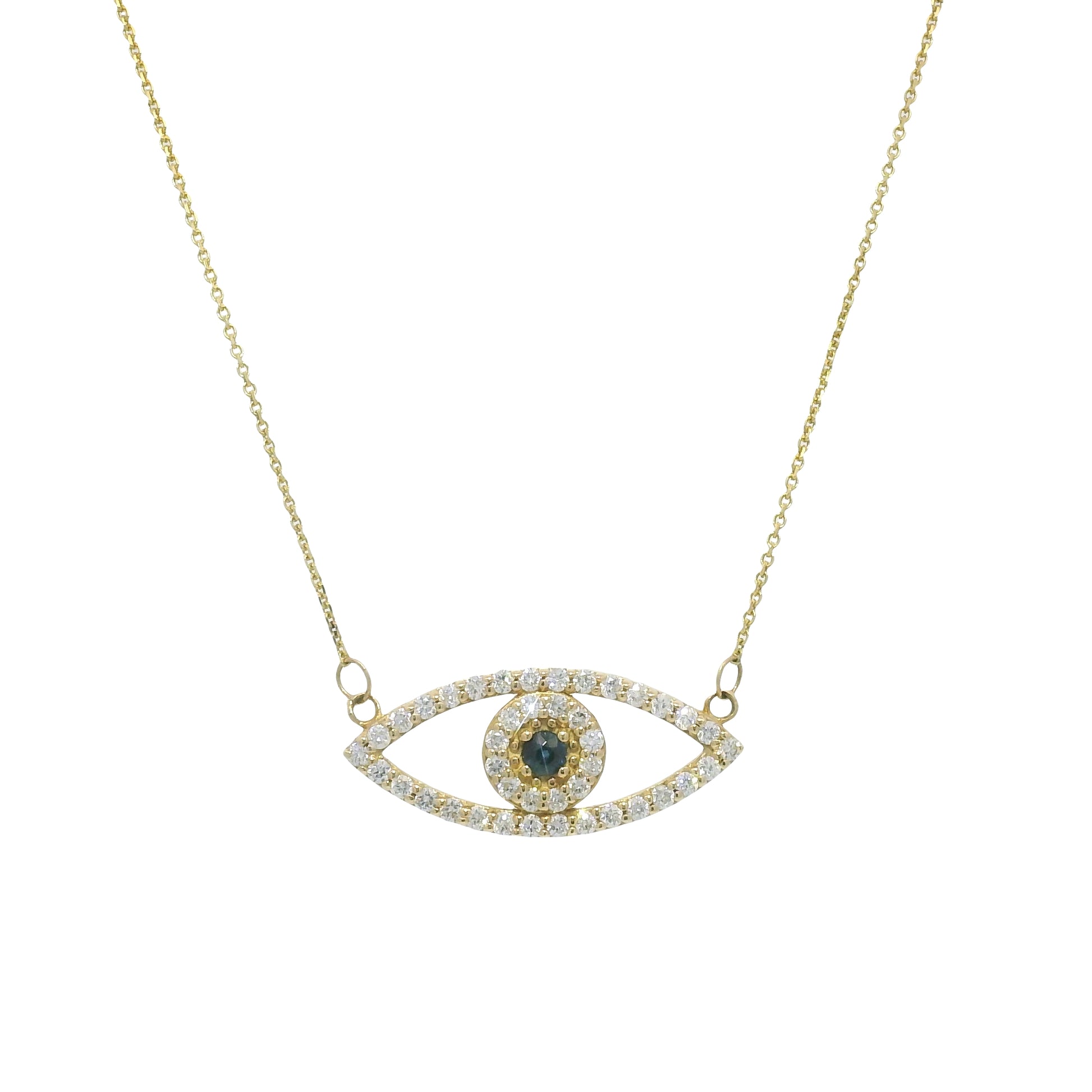 14k Yellow Gold Natural Diamond & Sapphire Evil Eye Pendant Necklace