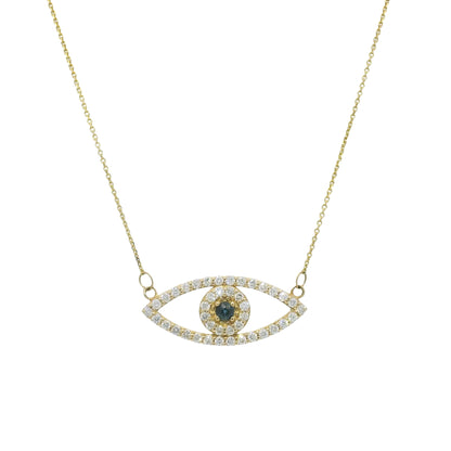 14k Yellow Gold Natural Diamond & Sapphire Evil Eye Pendant Necklace
