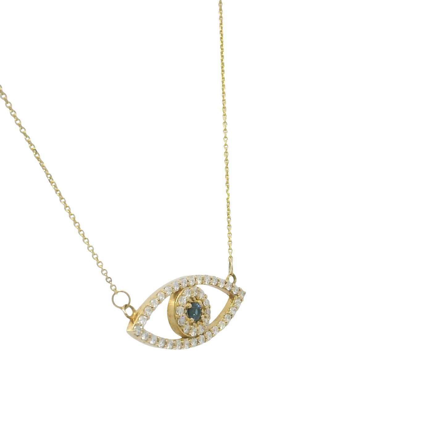 14k Yellow Gold Natural Diamond & Sapphire Evil Eye Pendant Necklace