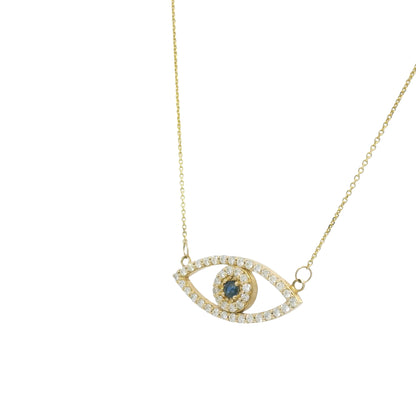 14k Yellow Gold Natural Diamond & Sapphire Evil Eye Pendant Necklace