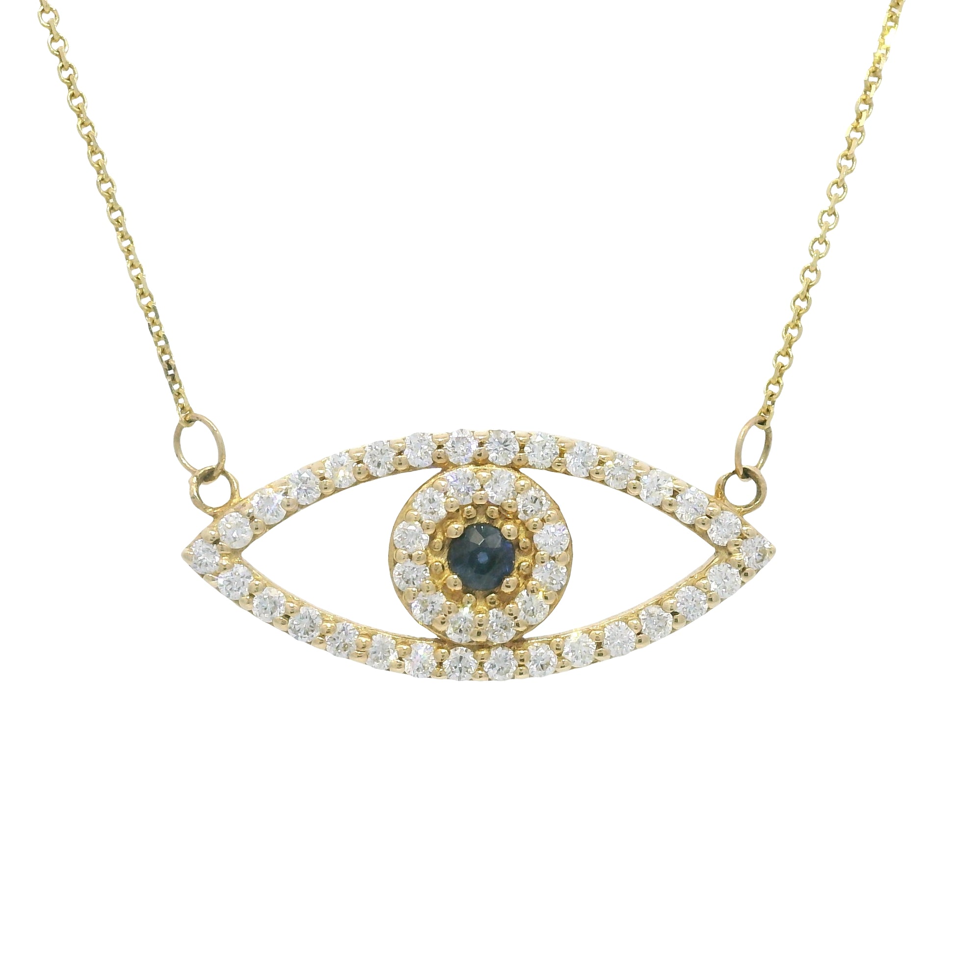 14k Yellow Gold Natural Diamond & Sapphire Evil Eye Pendant Necklace