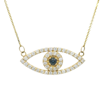 14k Yellow Gold Natural Diamond & Sapphire Evil Eye Pendant Necklace