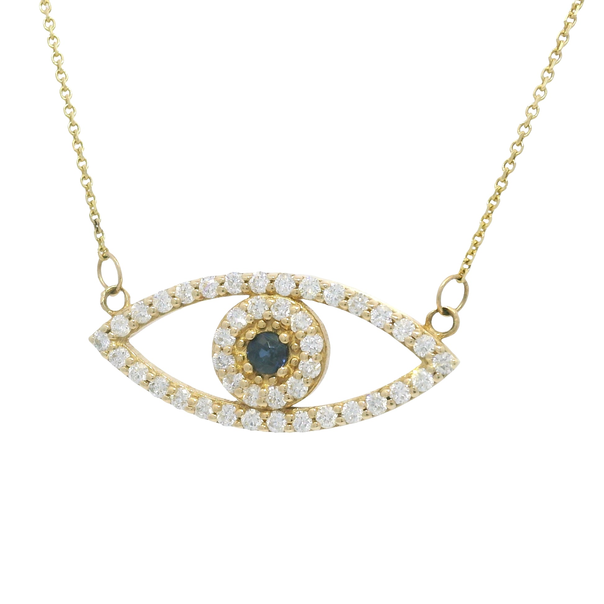 14k Yellow Gold Natural Diamond & Sapphire Evil Eye Pendant Necklace