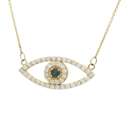 14k Yellow Gold Natural Diamond & Sapphire Evil Eye Pendant Necklace