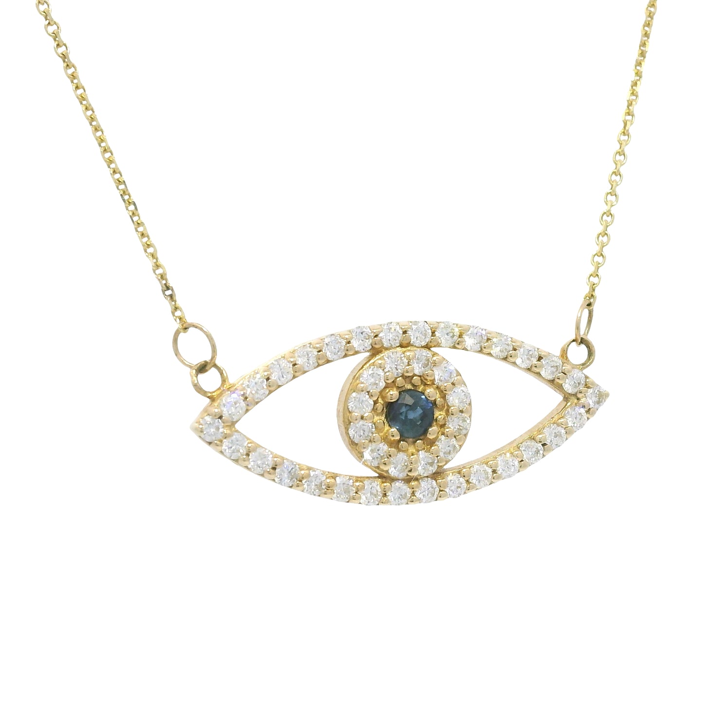 14k Yellow Gold Natural Diamond & Sapphire Evil Eye Pendant Necklace