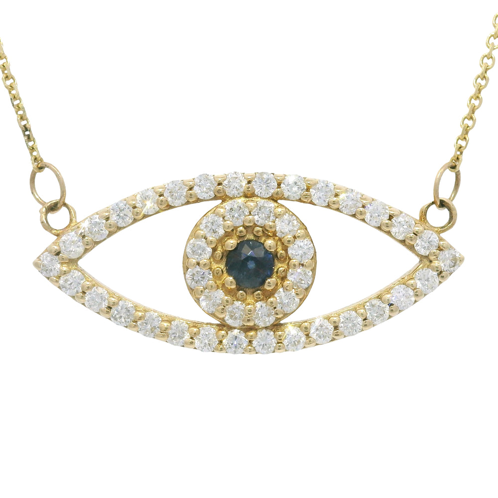 14k Yellow Gold Natural Diamond & Sapphire Evil Eye Pendant Necklace