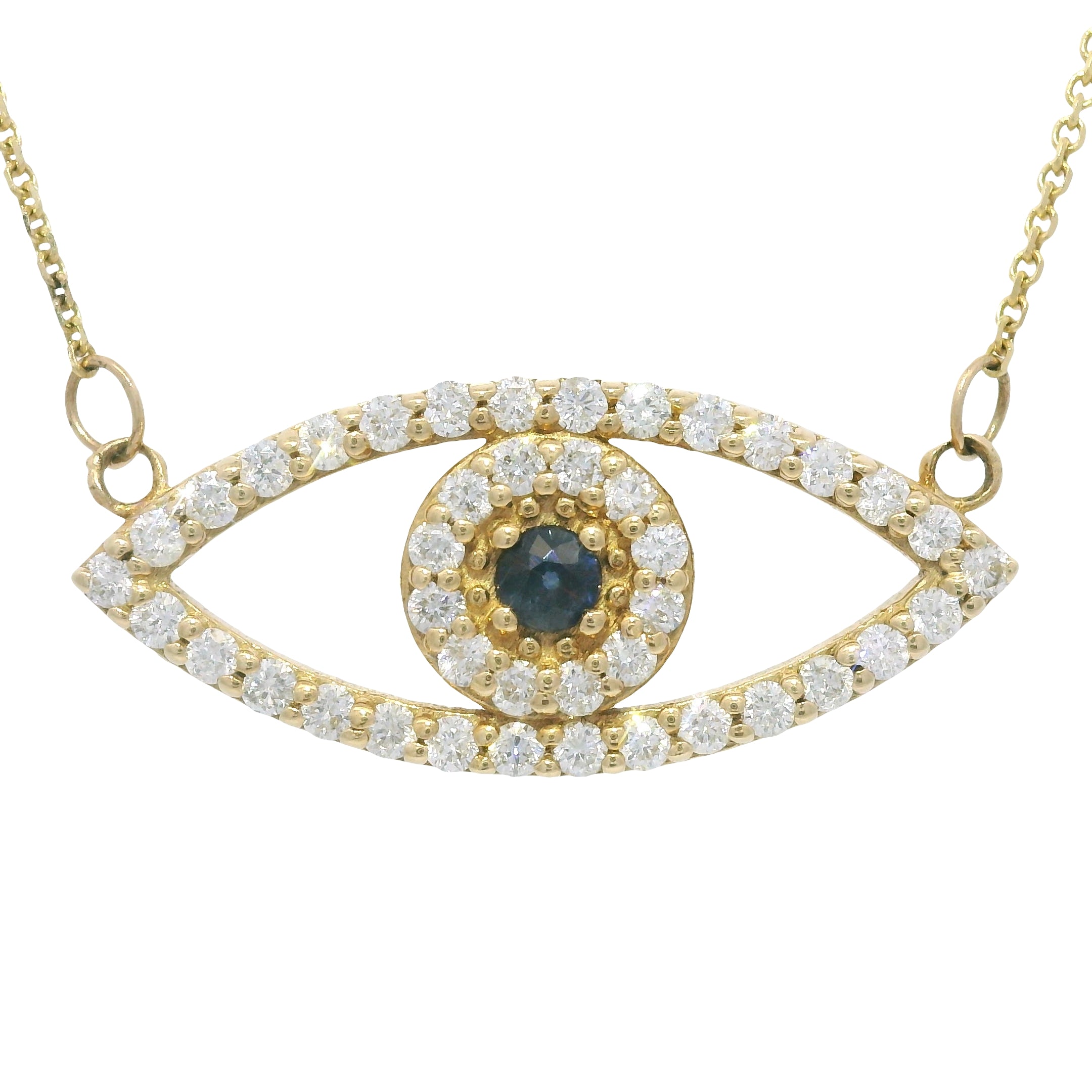 14k Yellow Gold Natural Diamond & Sapphire Evil Eye Pendant Necklace