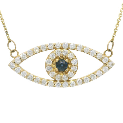 14k Yellow Gold Natural Diamond & Sapphire Evil Eye Pendant Necklace