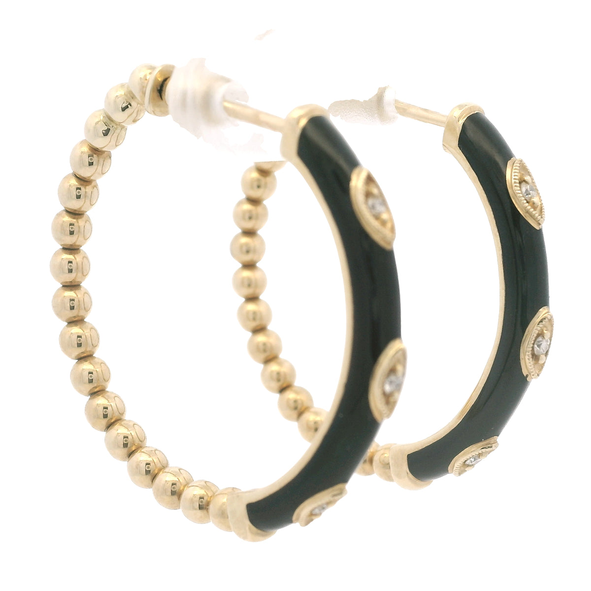 Gabriel & Co. 14K Yellow Gold Black Enamel Bujukan Beaded Hoop Earrings