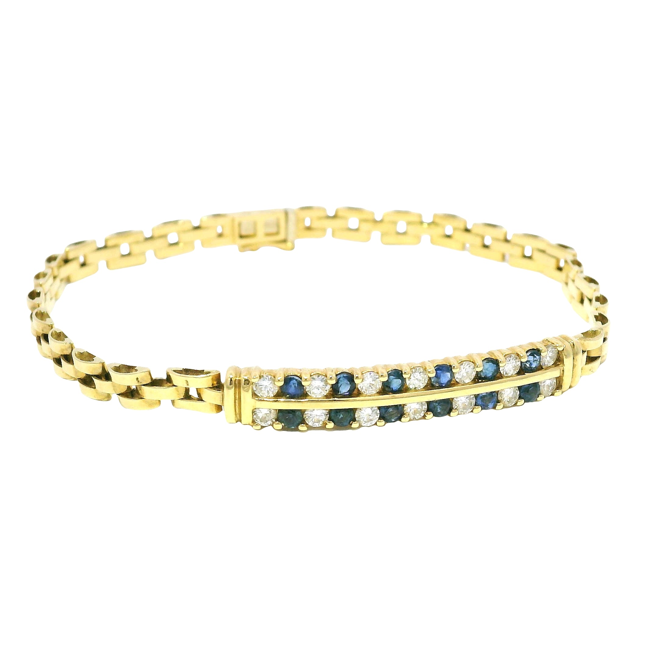 18k Yellow Gold Sapphire & Diamond Cuban Link Style Bracelet