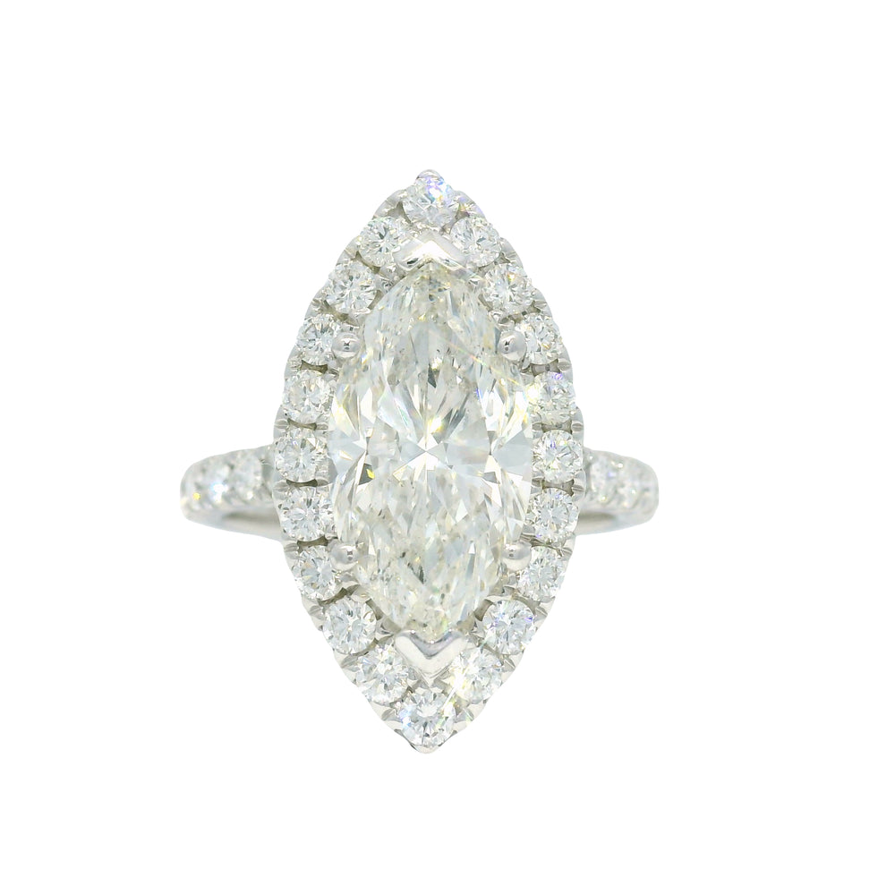 18k White Gold Natural 3.39 Carat Marquise Cut Diamond Halo Engagement Ring