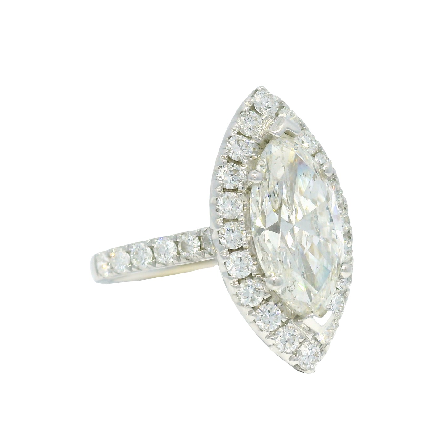 18k White Gold Natural 3.39 Carat Marquise Cut Diamond Halo Engagement Ring