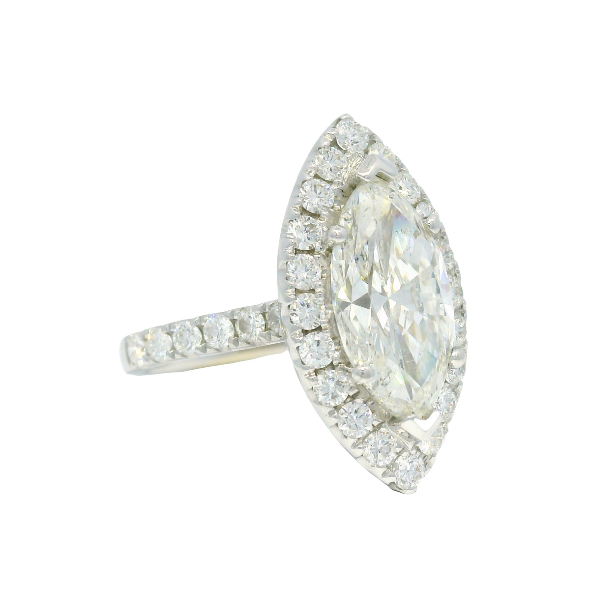 18k White Gold Natural 3.39 Carat Marquise Cut Diamond Halo Engagement Ring