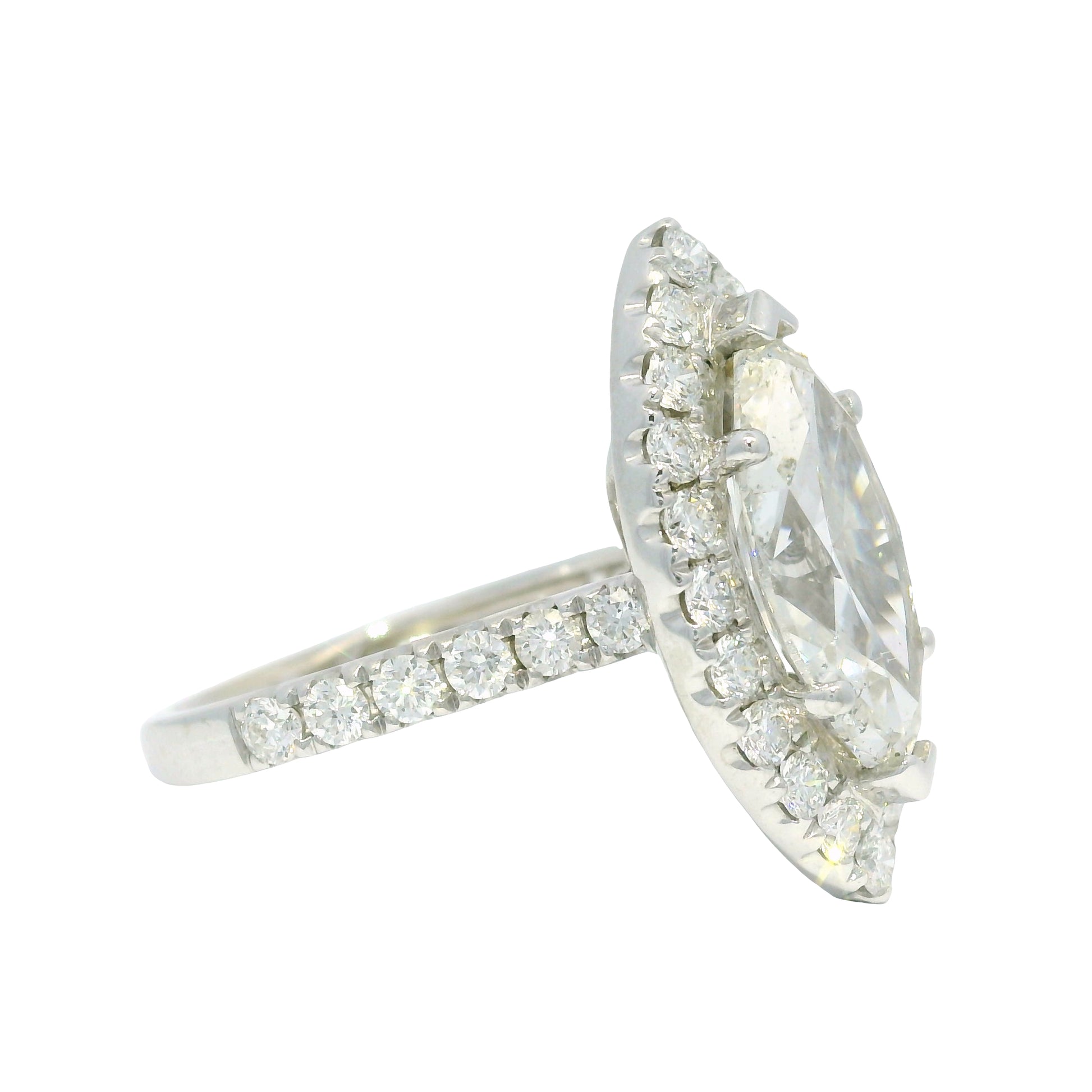18k White Gold Natural 3.39 Carat Marquise Cut Diamond Halo Engagement Ring