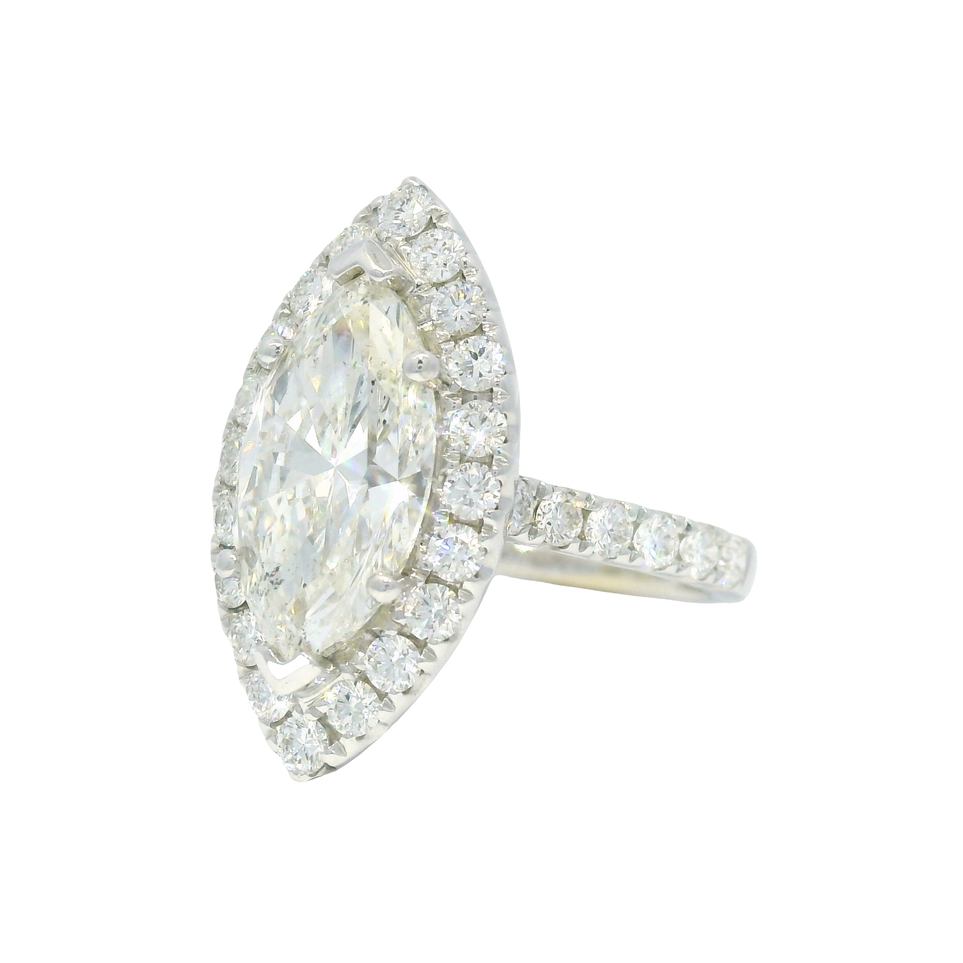 18k White Gold Natural 3.39 Carat Marquise Cut Diamond Halo Engagement Ring