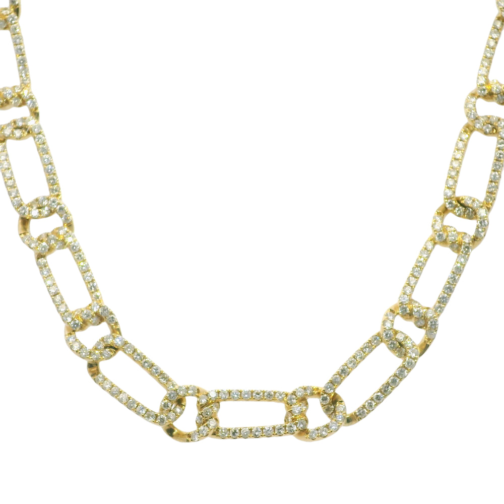 18k Yellow Gold Natural 10.9 Carat Diamond Pave Interlocking Link Necklace
