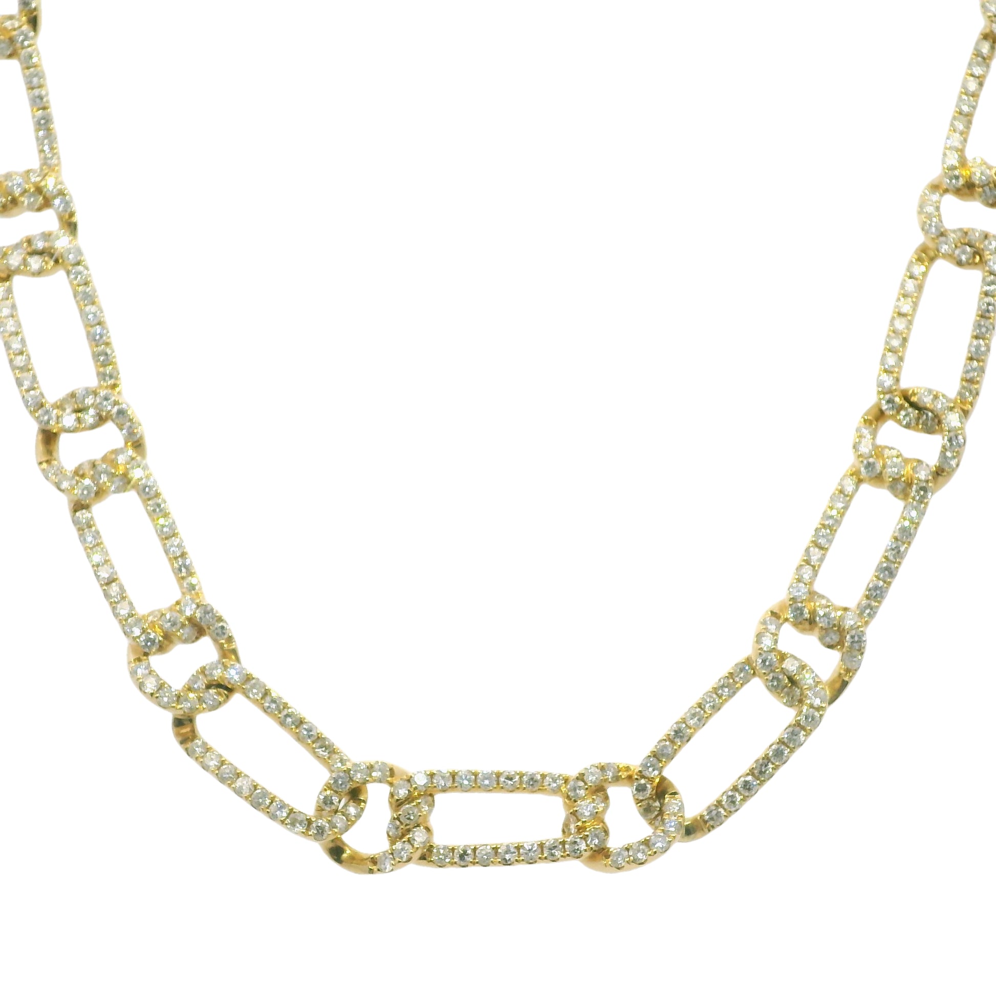 18k Yellow Gold Natural 10.9 Carat Diamond Pave Interlocking Link Necklace