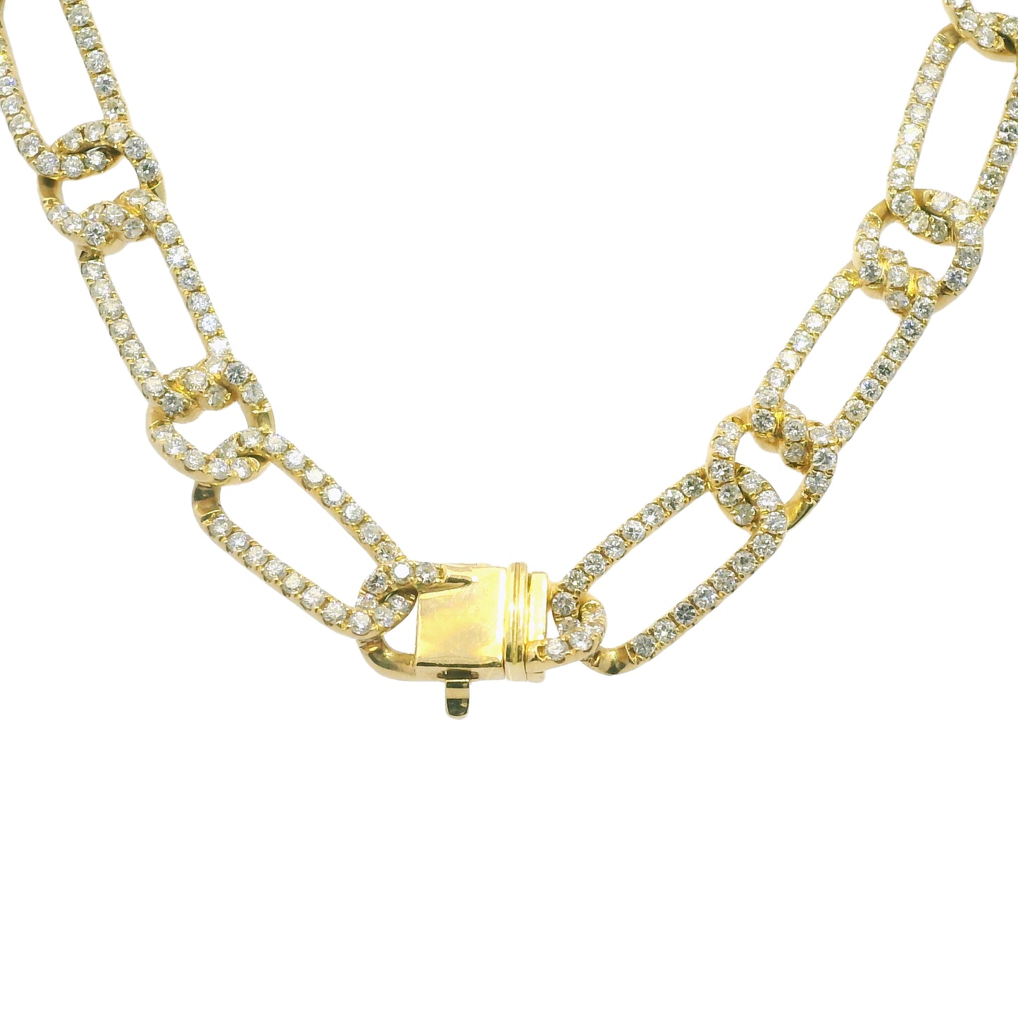 18k Yellow Gold Natural 10.9 Carat Diamond Pave Interlocking Link Necklace