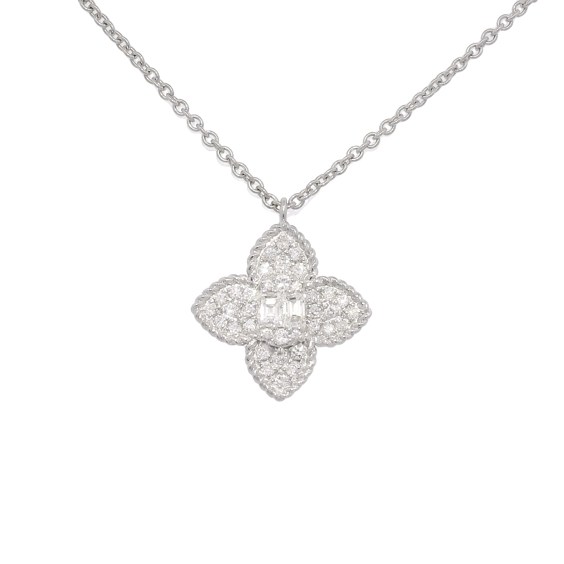 18k White Gold Natural 0.45 Carat Diamond Pave Flower Necklace