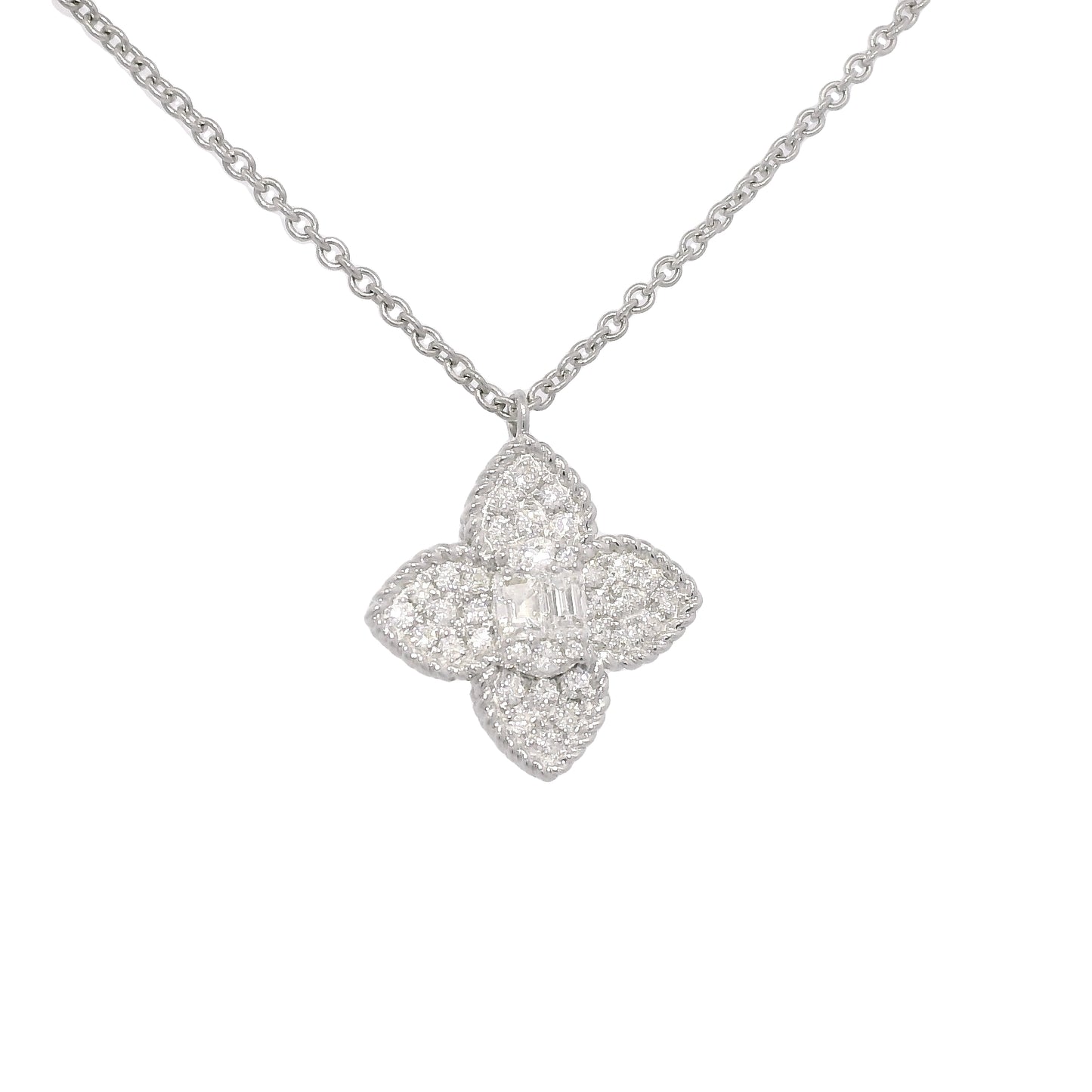 18k White Gold Natural 0.45 Carat Diamond Pave Flower Necklace