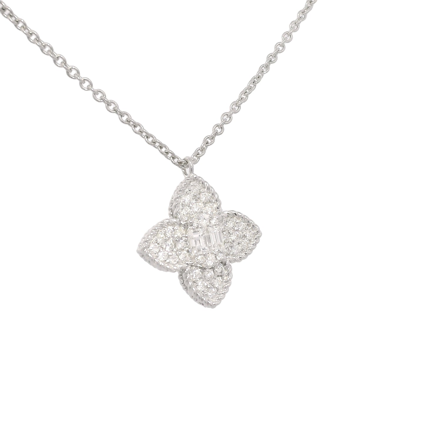 18k White Gold Natural 0.45 Carat Diamond Pave Flower Necklace