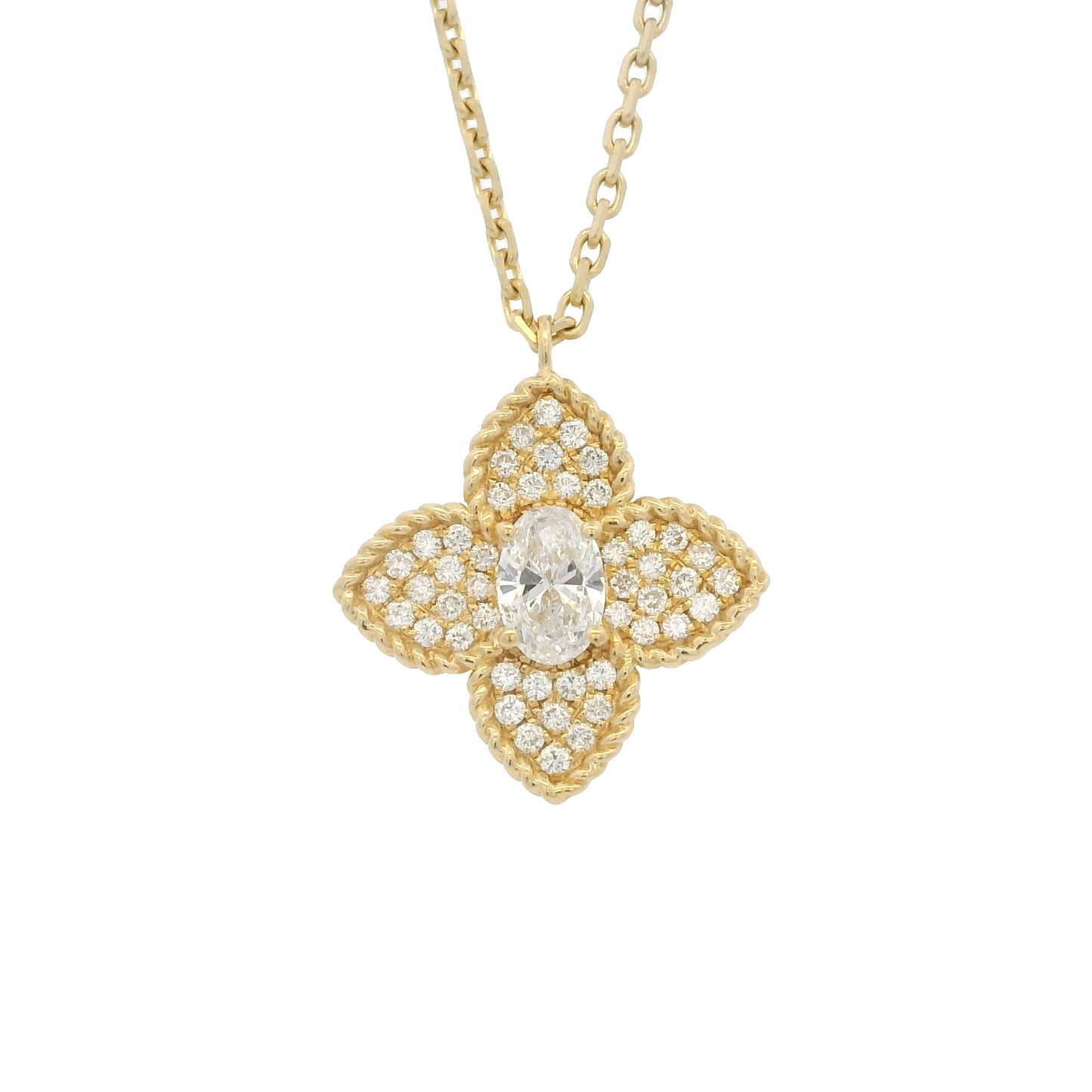 18k Yellow Gold Oval Shape Diamond Pave Clover Pendant Necklace