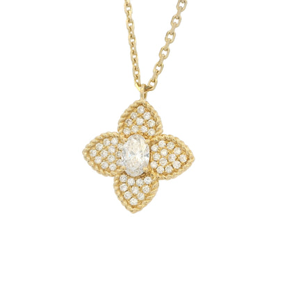 18k Yellow Gold Oval Shape Diamond Pave Clover Pendant Necklace