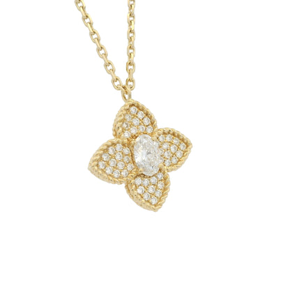 18k Yellow Gold Oval Shape Diamond Pave Clover Pendant Necklace