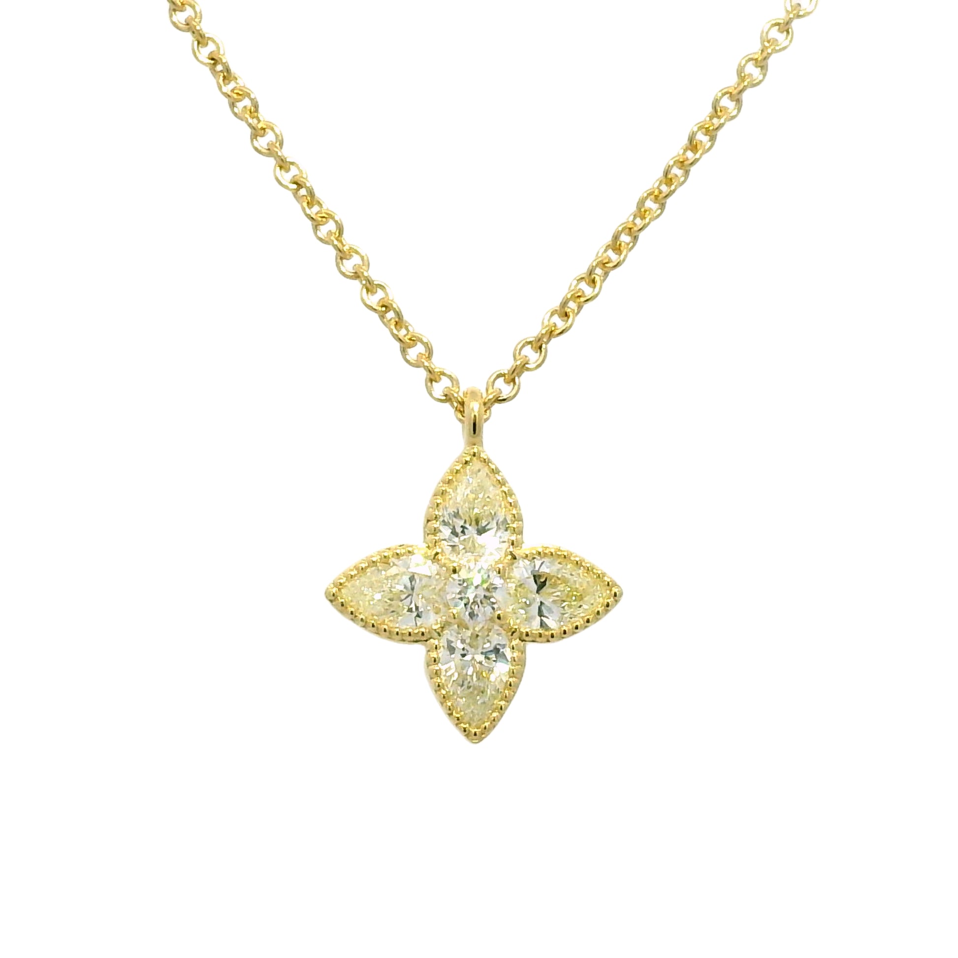 18k Yellow Gold Natural 1.20 Carat Diamond 4 Leaf Flower Pendant Necklace