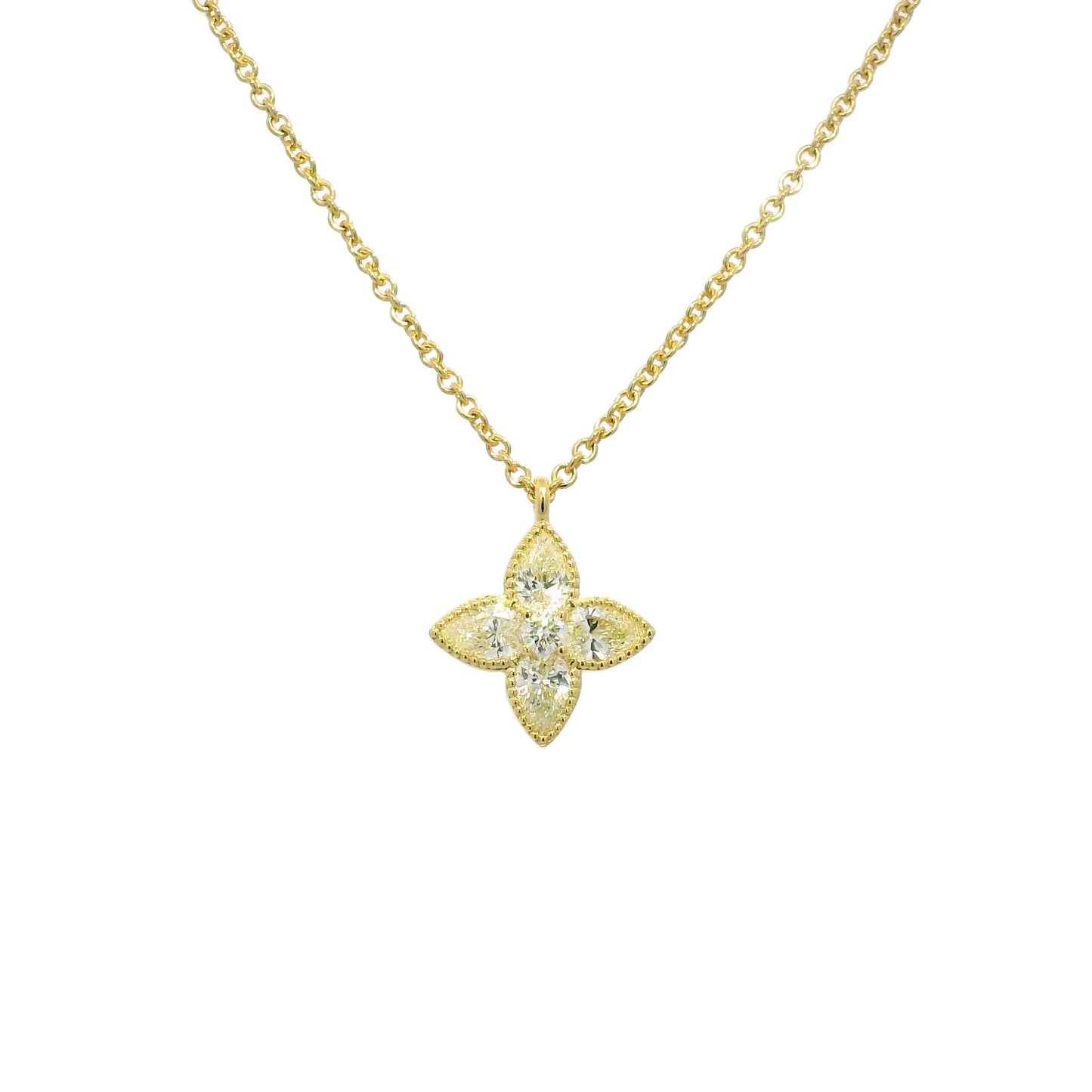 18k Yellow Gold Natural 1.20 Carat Diamond 4 Leaf Flower Pendant Necklace