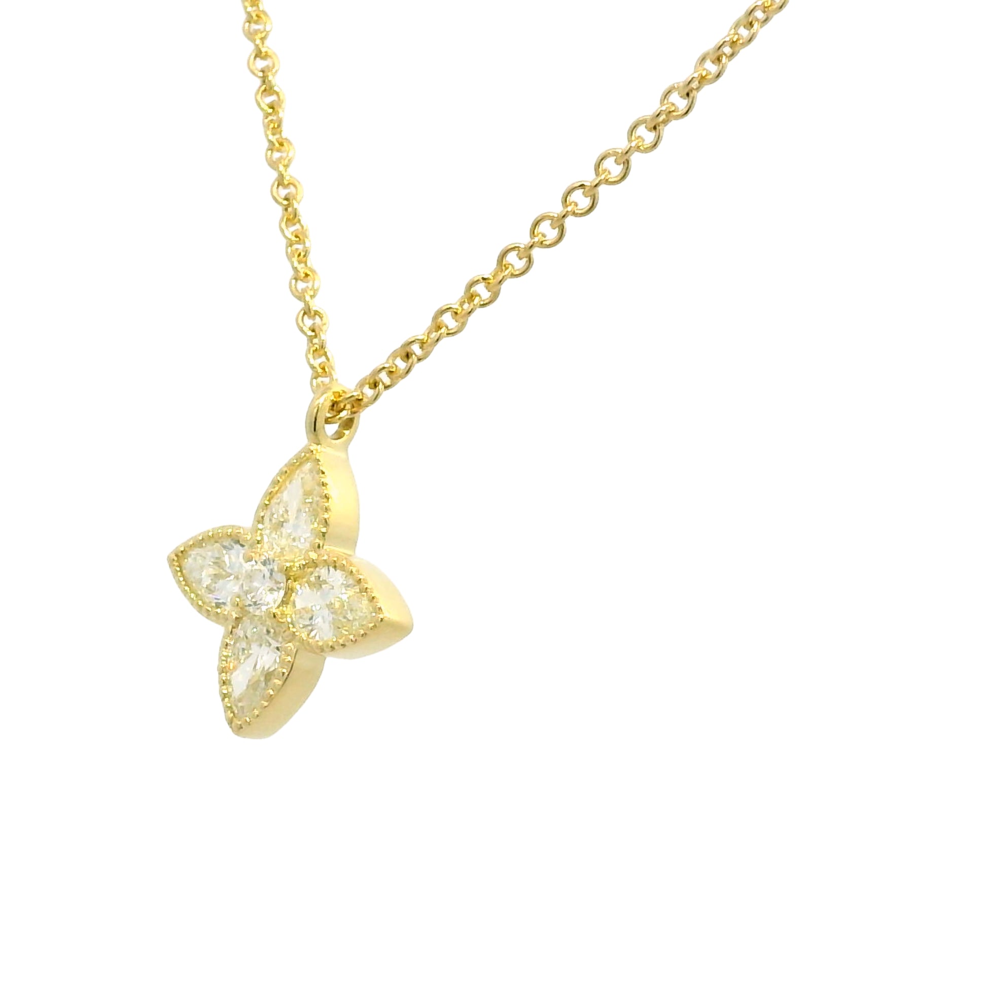 18k Yellow Gold Natural 1.20 Carat Diamond 4 Leaf Flower Pendant Necklace