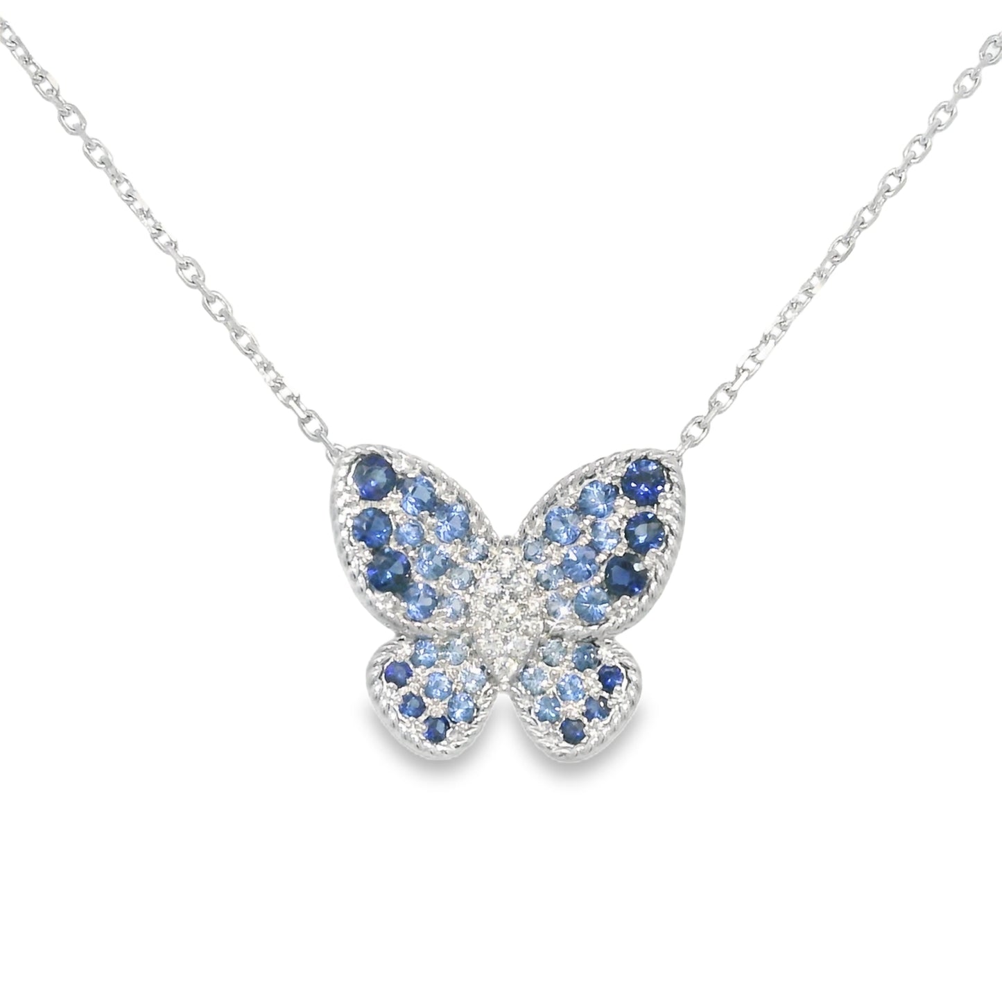 14k White Gold Natural Sapphire & Diamond Butterfly Pendant Necklace