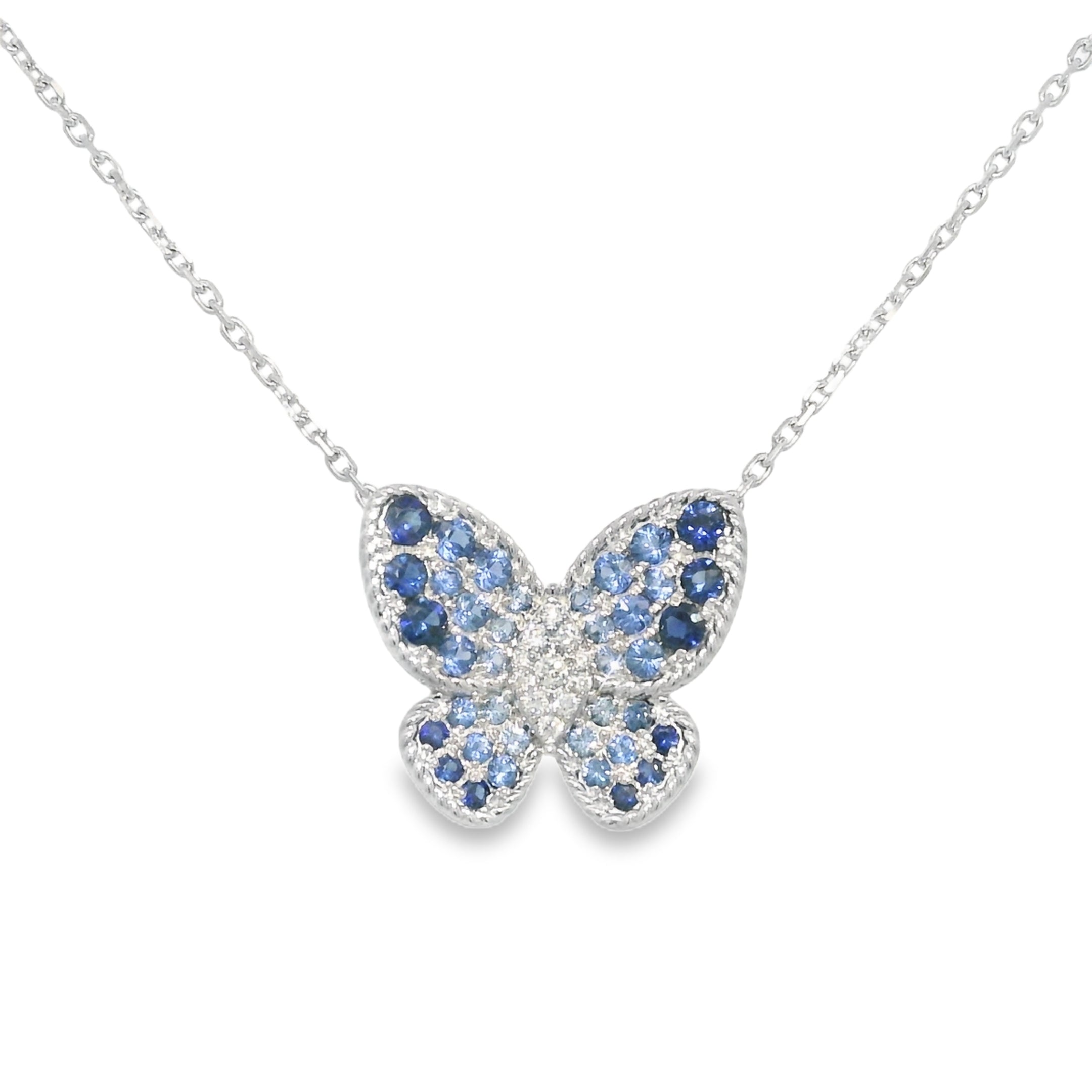 14k White Gold Natural Sapphire & Diamond Butterfly Pendant Necklace