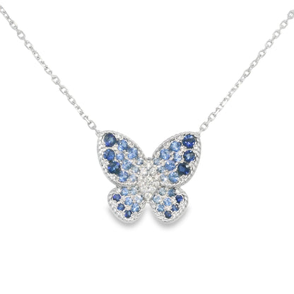 14k White Gold Natural Sapphire & Diamond Butterfly Pendant Necklace