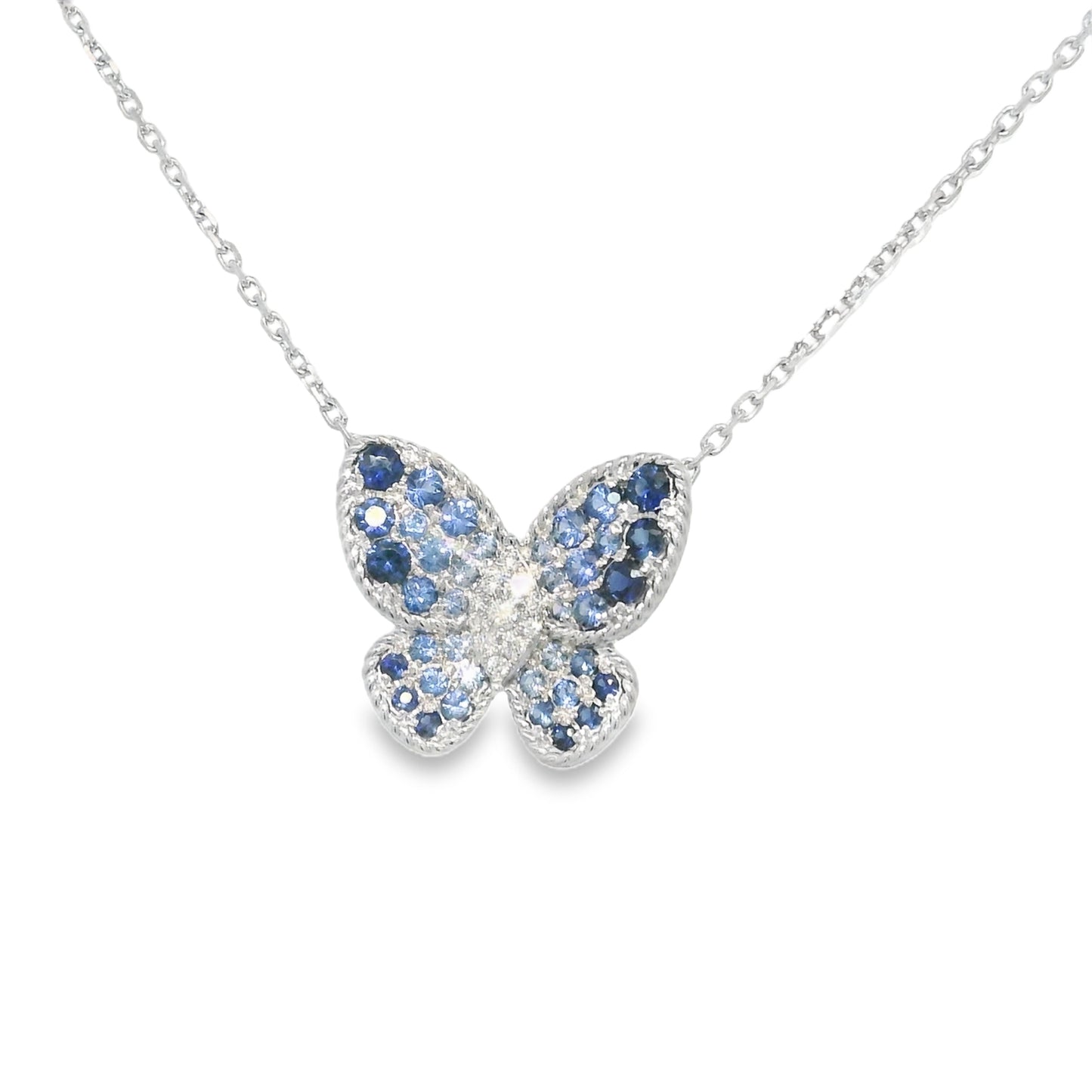 14k White Gold Natural Sapphire & Diamond Butterfly Pendant Necklace