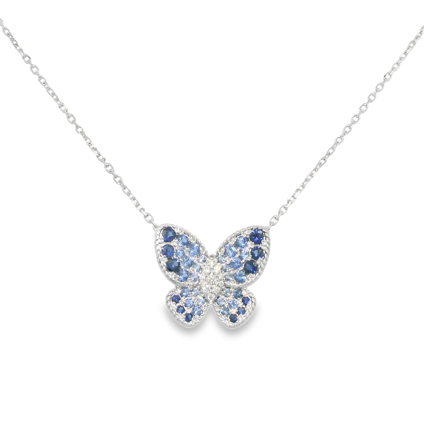 14k White Gold Natural Sapphire & Diamond Butterfly Pendant Necklace