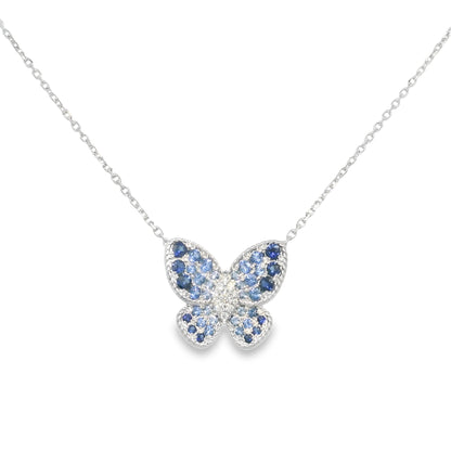 14k White Gold Natural Sapphire & Diamond Butterfly Pendant Necklace