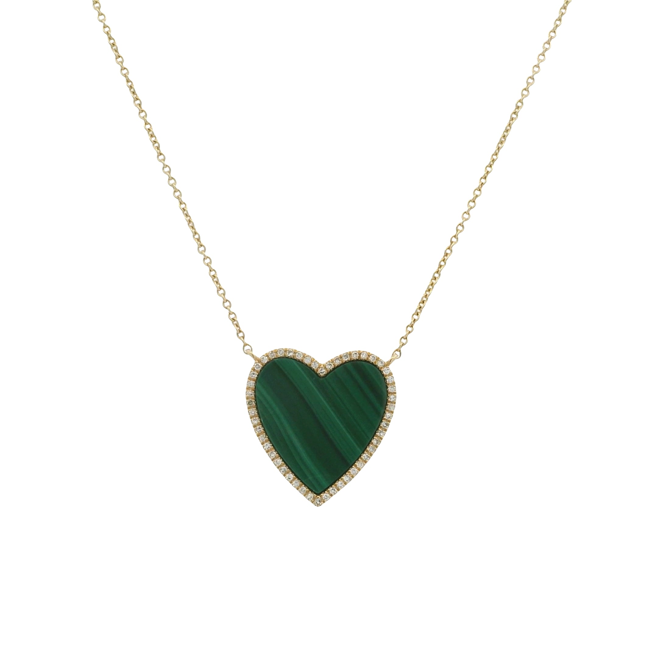 14k Yellow Gold Malachite Diamond Halo Heart Pendant Necklace