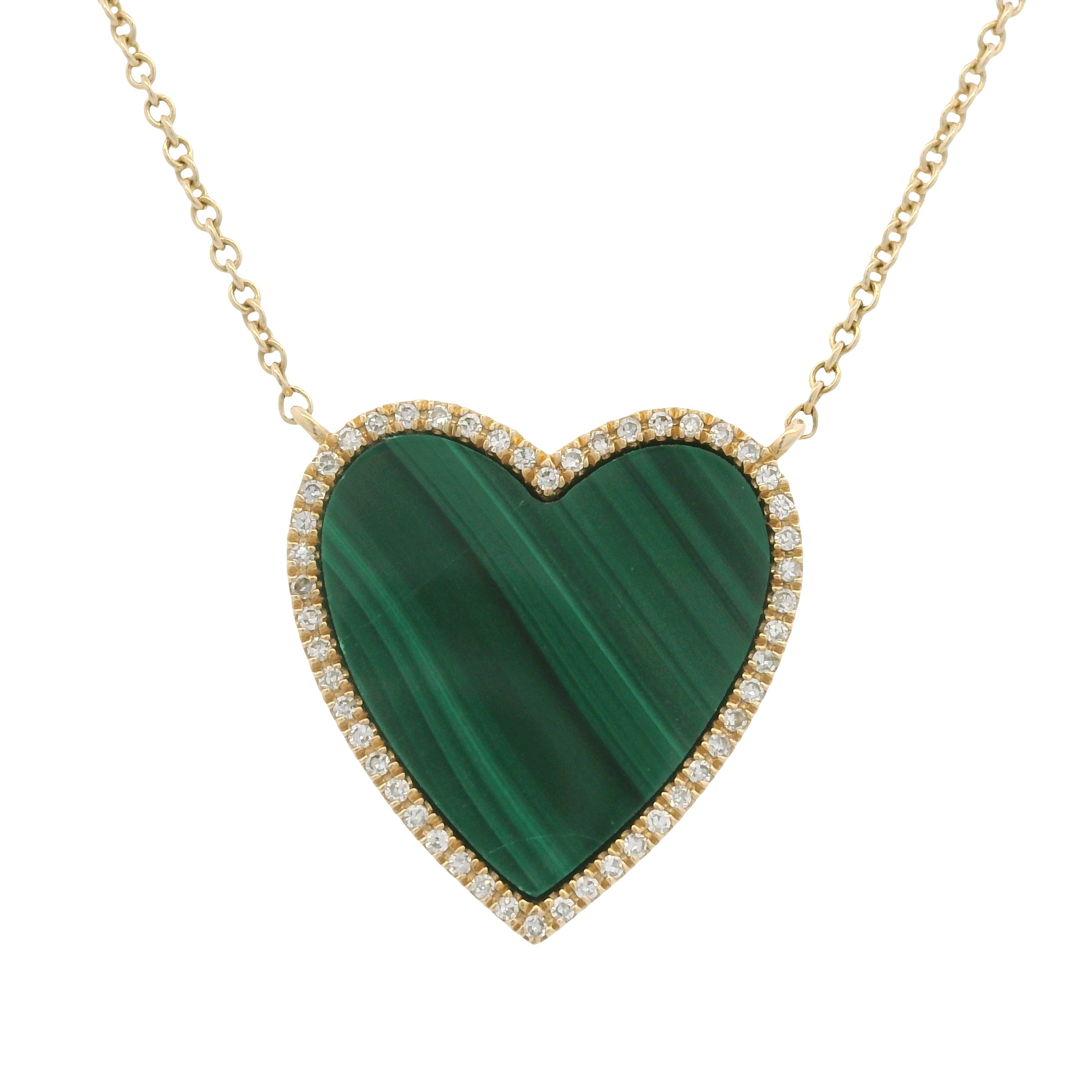 14k Yellow Gold Malachite Diamond Halo Heart Pendant Necklace