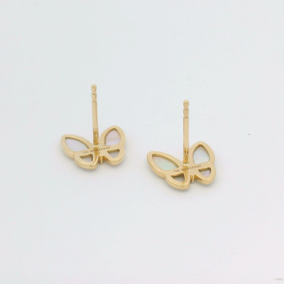 18k Yellow Gold White Mother of Pearl & Diamond Butterfly Stud Earrings — product photo 3