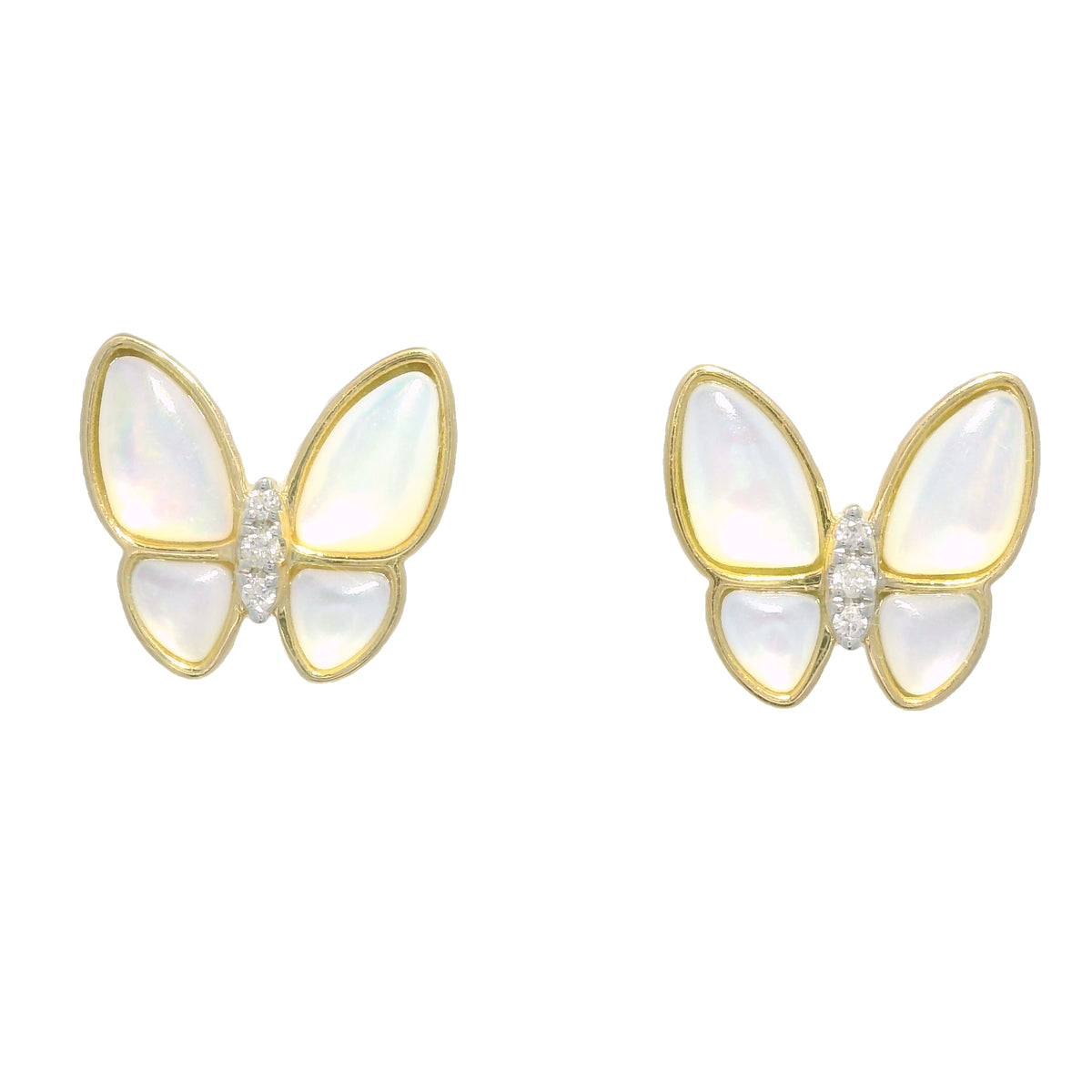 18k Yellow Gold White Mother of Pearl & Diamond Butterfly Stud Earrings — product photo 1