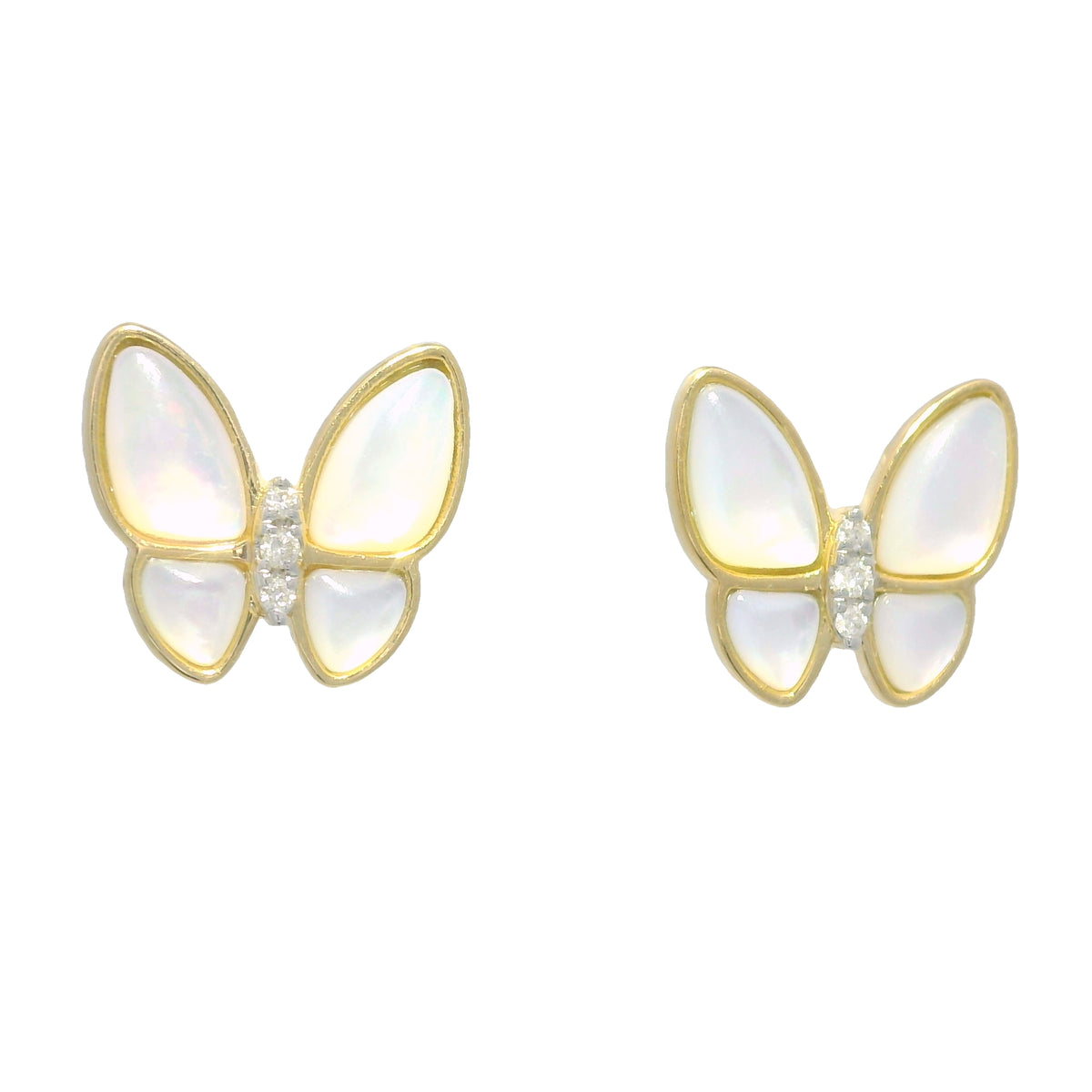 18k Yellow Gold White Mother of Pearl & Diamond Butterfly Stud Earrings — product photo 5