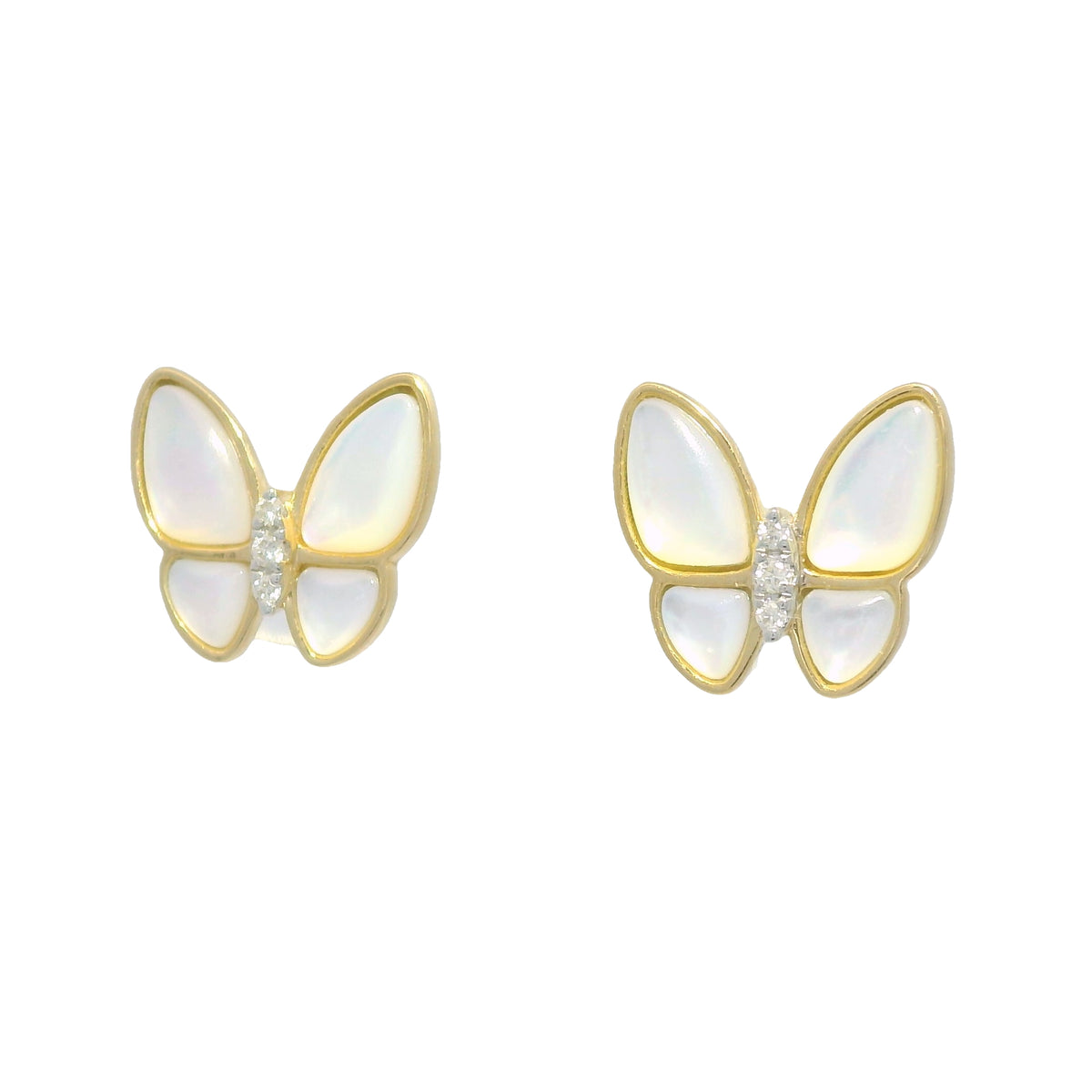 18k Yellow Gold White Mother of Pearl & Diamond Butterfly Stud Earrings — product photo 7