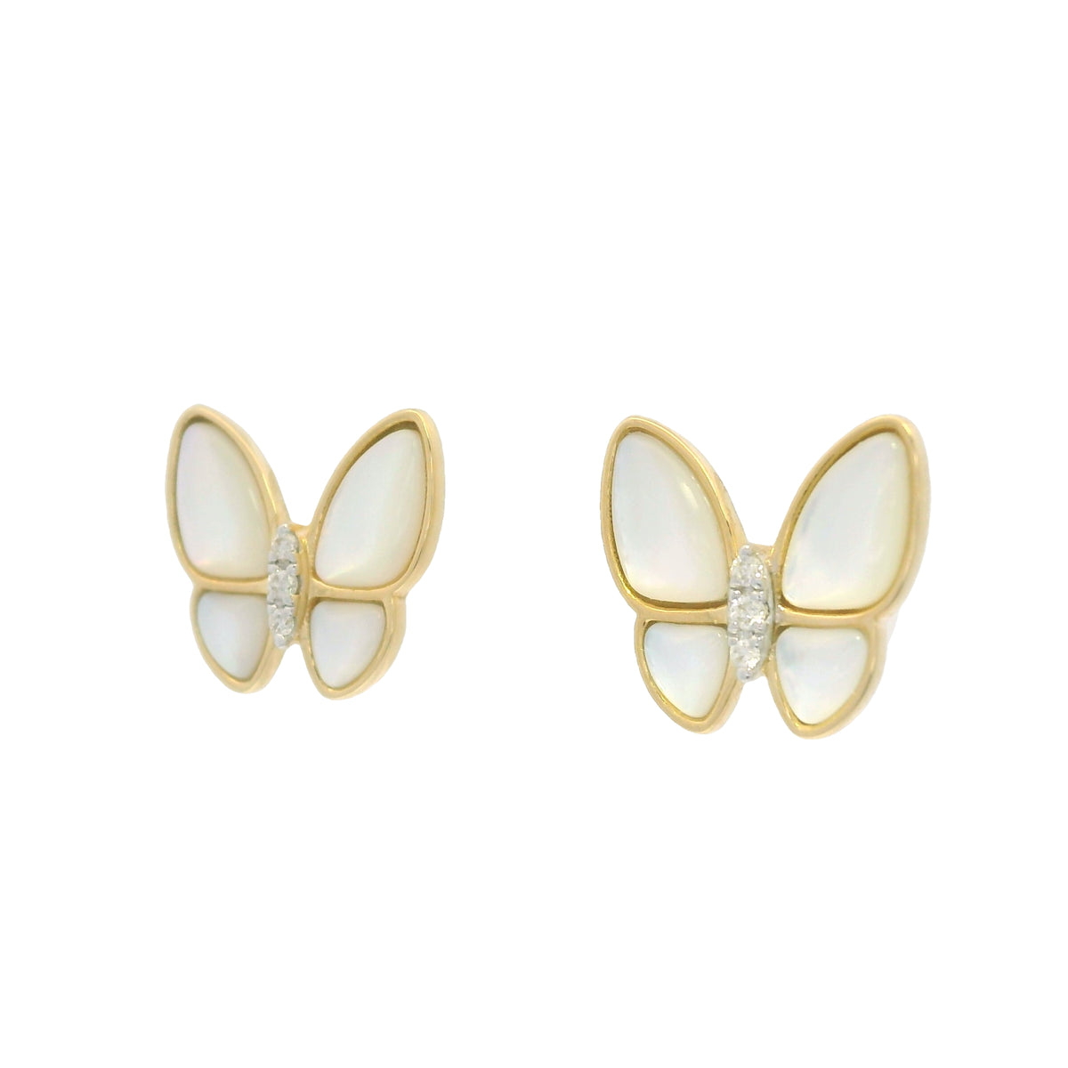 18k Yellow Gold White Mother of Pearl & Diamond Butterfly Stud Earrings — product photo 8