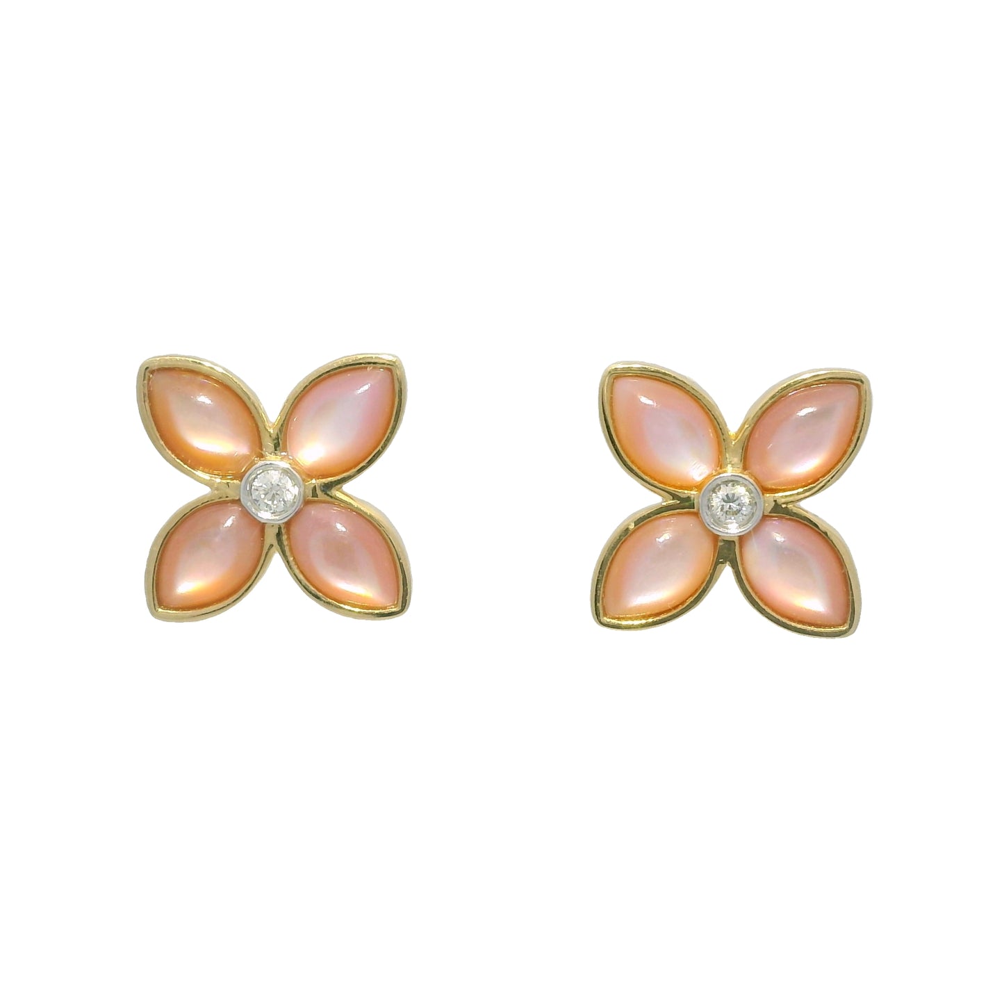 18k Yellow Gold Mother of Pearl & Diamond Flower Stud Earrings