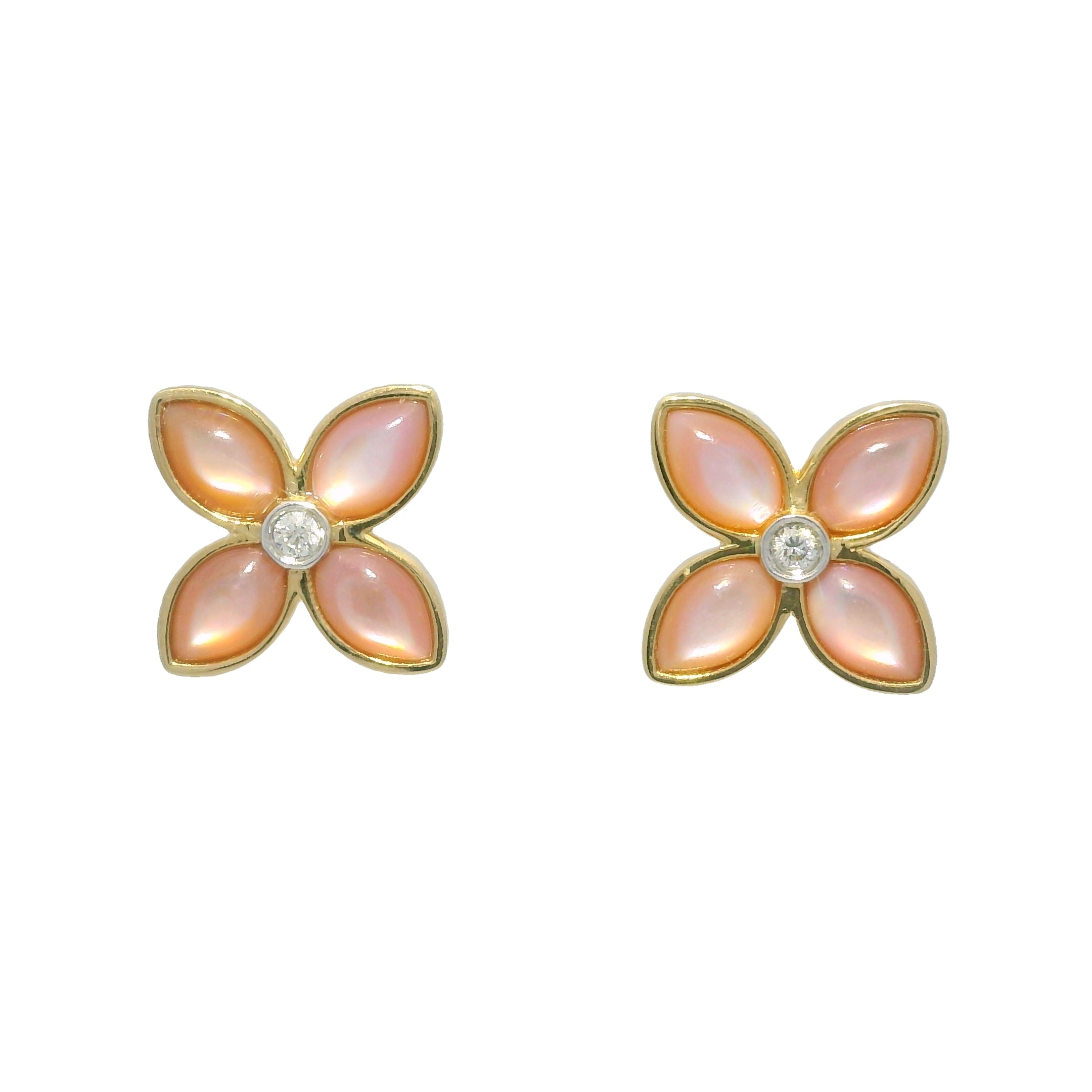 18k Yellow Gold Mother of Pearl & Diamond Flower Stud Earrings