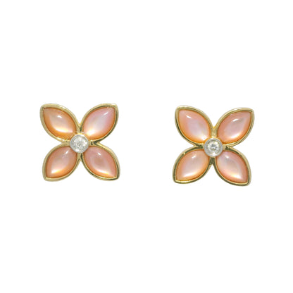 18k Yellow Gold Mother of Pearl & Diamond Flower Stud Earrings