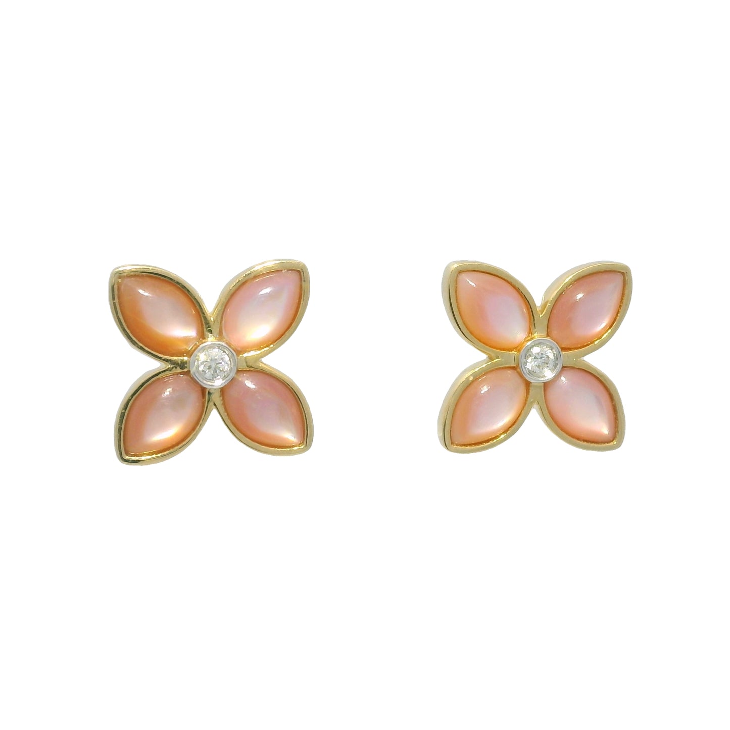 18k Yellow Gold Mother of Pearl & Diamond Flower Stud Earrings