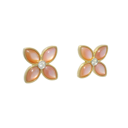 18k Yellow Gold Mother of Pearl & Diamond Flower Stud Earrings